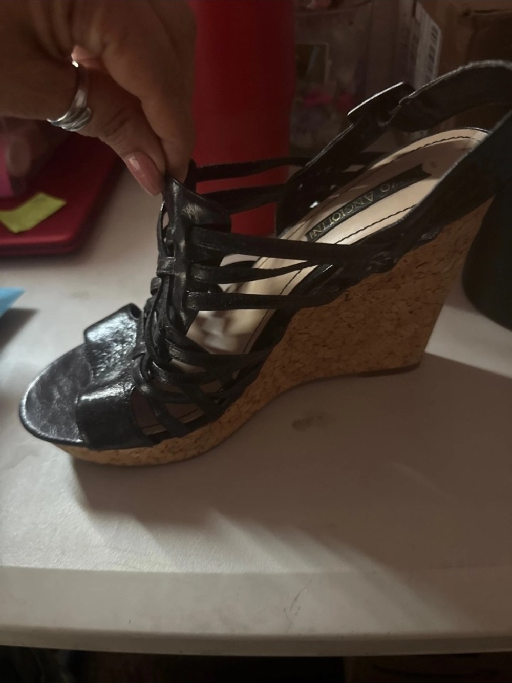Enzo Angiolini Black Strappy Cork Wedge Sandals